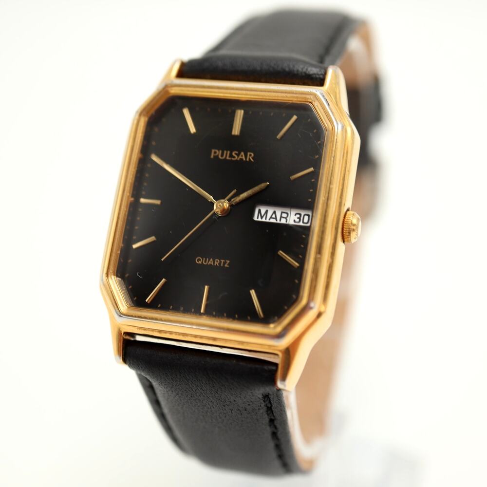 Pulsar by Seiko Black Gold Tone Unisex 28mm Tank Watch V533-5A40 w New Battery